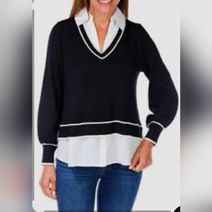 Adrianna Papell Black V-Neck Sweater with White Accents